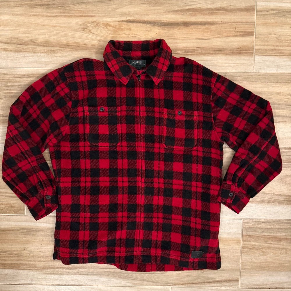 Lauren Ralph Lauren Outwear Buffalo Plaid Fleece Jacket Red Black Women PM